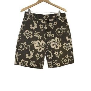 Islander Shorts Mens 32 Green Tropical Flat Front  Olive Cotton Hawaiian